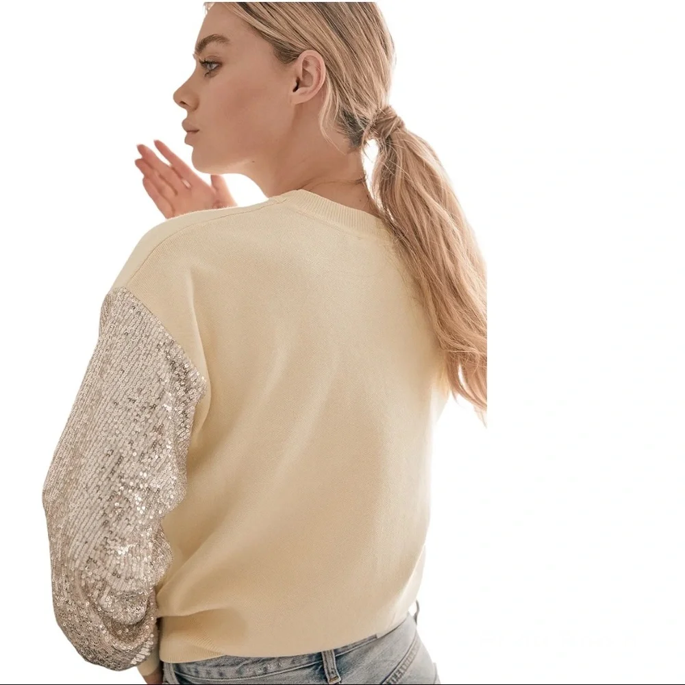 LUSH Sequin Sleeve Sweater Silver Cream Coquette Comfy Cozy Winter Sparkly Small - Picture 8 of 15